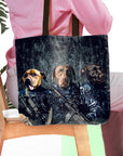 Personalized 3-pet tote bag featuring dogs in navy veteran uniforms.