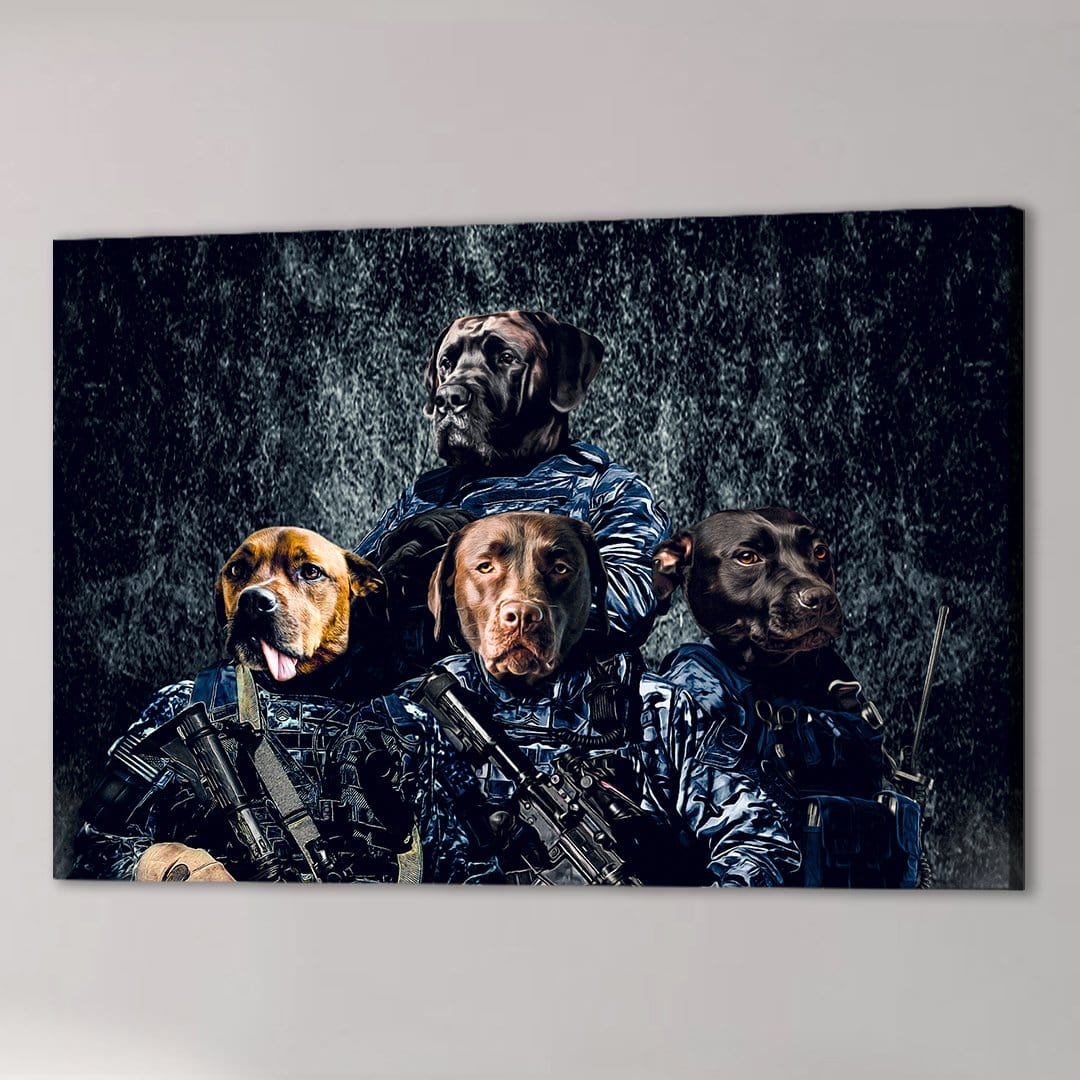 Four personalized pet portraits on canvas, depicting dogs in navy veteran uniforms with tactical gear.