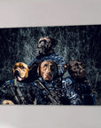 Four personalized pet portraits on canvas, depicting dogs in navy veteran uniforms with tactical gear.
