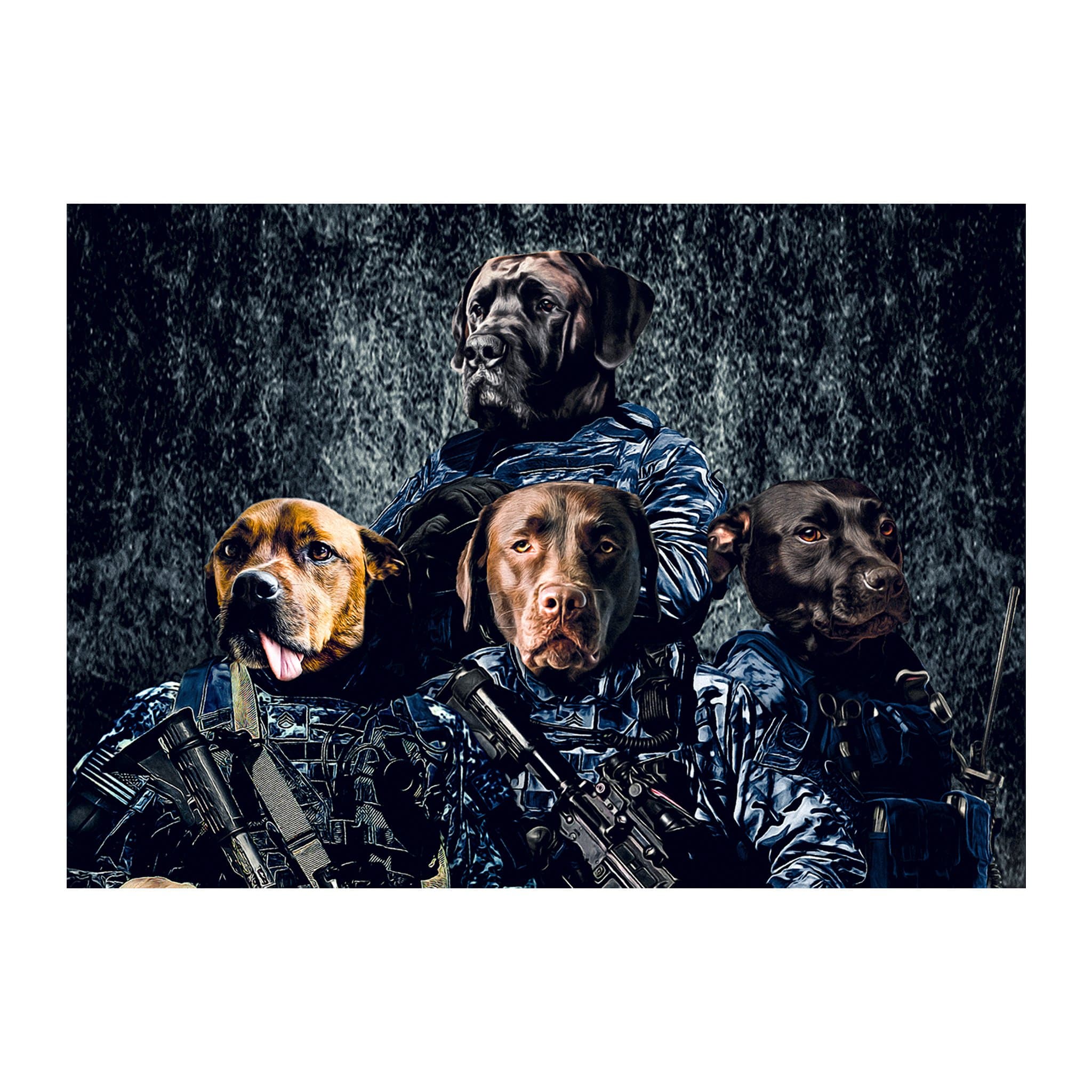Custom digital portrait of four dogs as Navy veterans in blue camouflage.