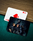Personalized playing cards featuring four pets as Navy veterans on a dark background.