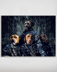 Personalized 'Navy Veterans' poster featuring four dogs in blue camouflage military uniforms.