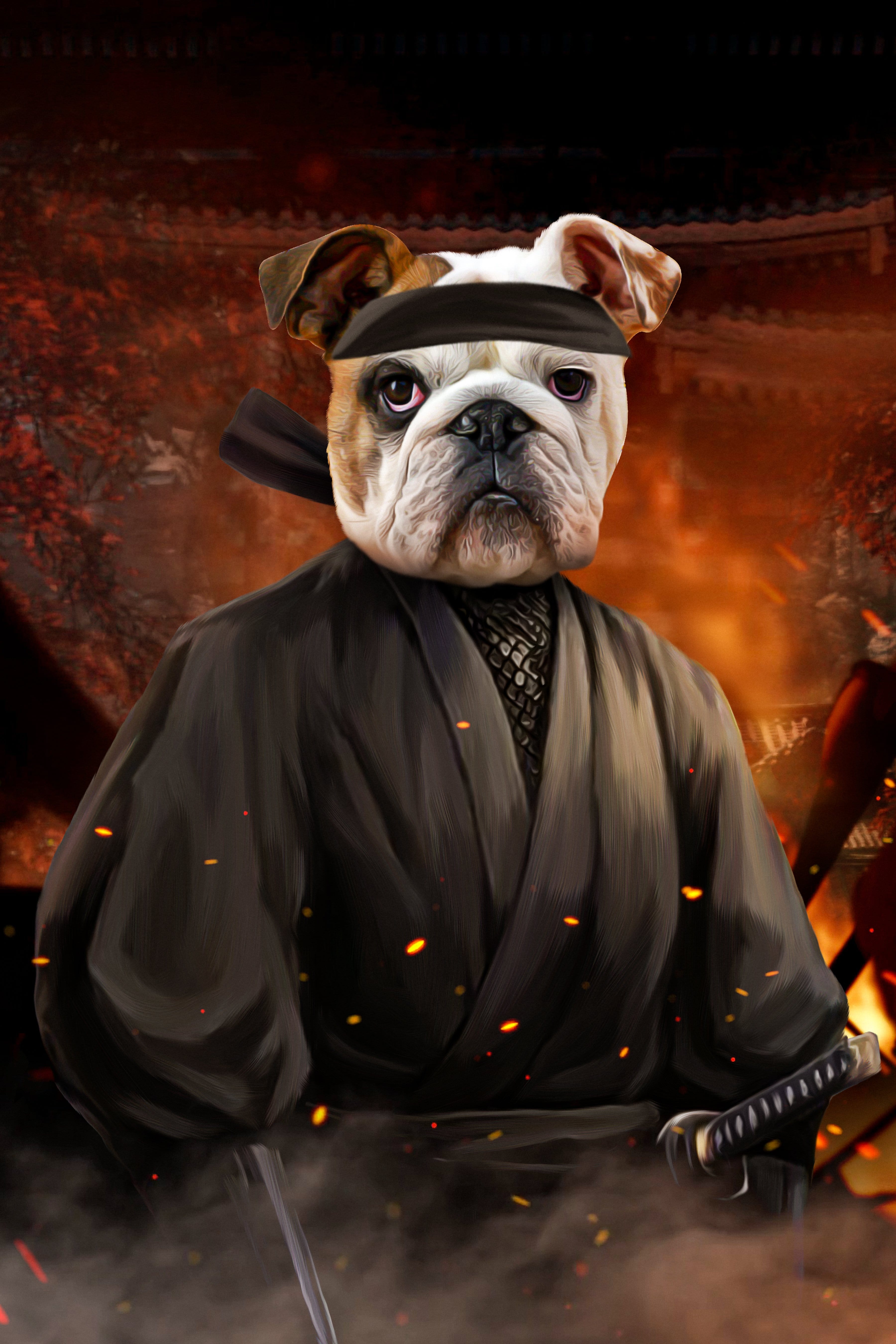 Personalized digital portrait of a bulldog as a ninja in a black gi with a samurai sword.