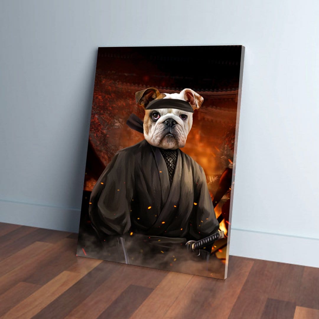Personalized 'Ninja' pet canvas featuring a bulldog in a black kimono, leaning on a wooden floor.