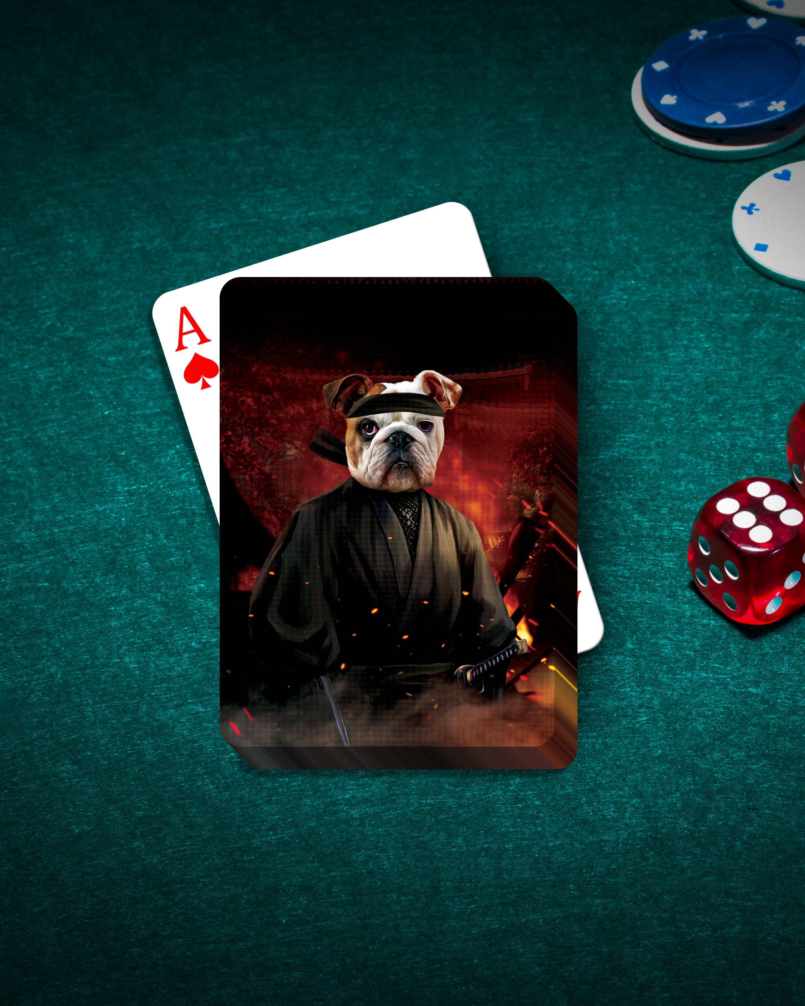 Custom personalized playing card featuring a bulldog in a ninja costume on a green felt table with poker chips and dice.