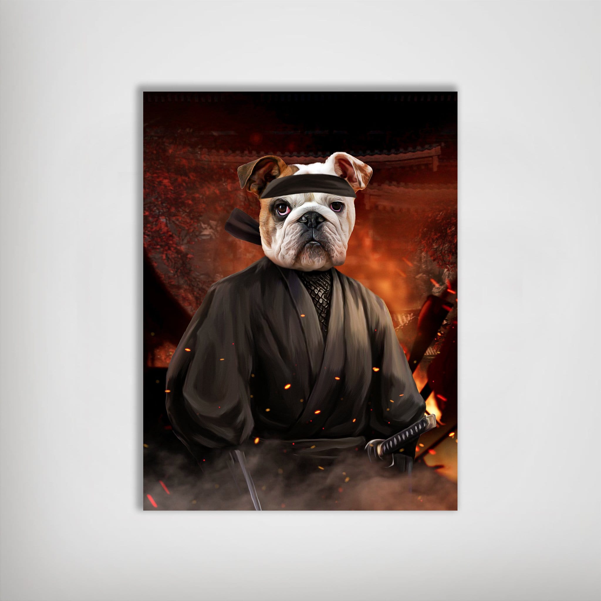 Personalized bulldog pet poster as a ninja in a black kimono with a katana, against a fiery, dark background.