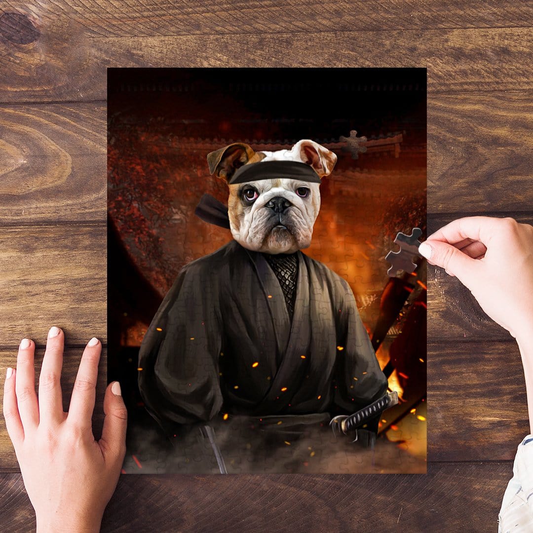 Personalized pet puzzle featuring a bulldog in a ninja costume, with hands assembling pieces.