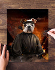 Personalized pet puzzle featuring a bulldog in a ninja costume, with hands assembling pieces.
