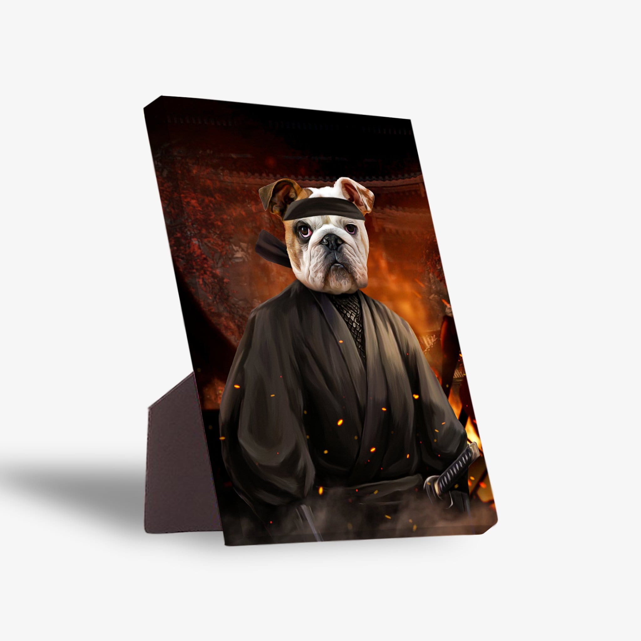 Personalized pet standing canvas featuring a bulldog in a black ninja costume with a katana, against a fiery backdrop.