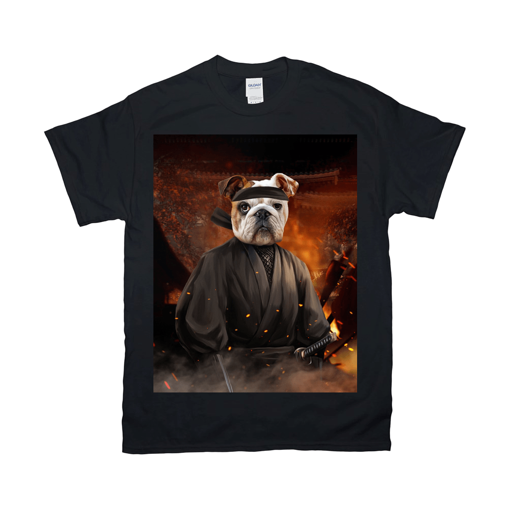 Black Gildan t-shirt featuring a bulldog in a ninja costume with a katana, set against a fiery background.