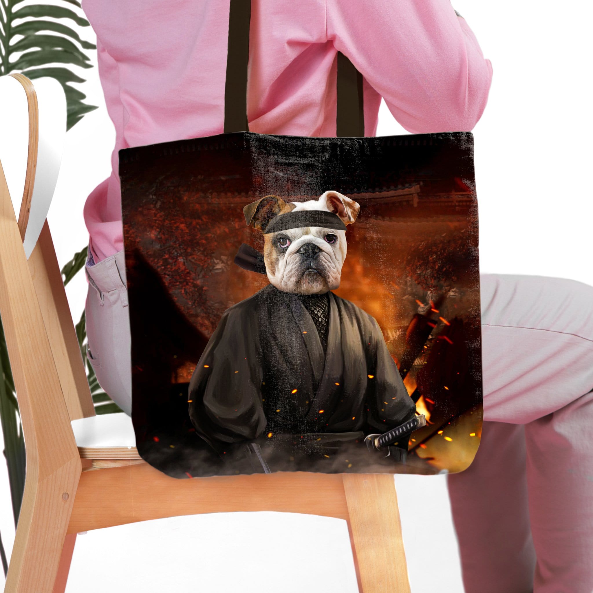 Personalized black tote bag with a bulldog pet portrait in a ninja costume.