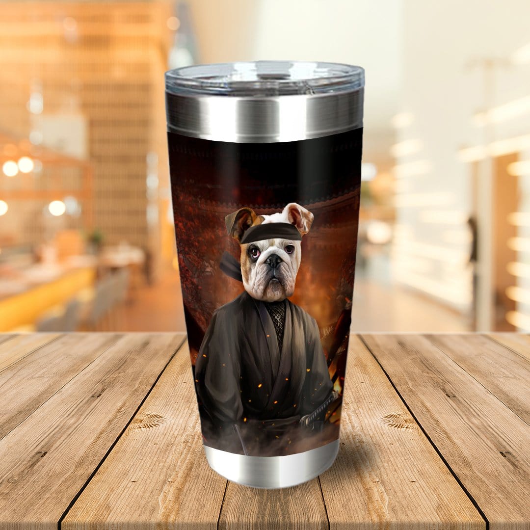 Personalized stainless steel tumbler with a bulldog pet portrait in a ninja costume.
