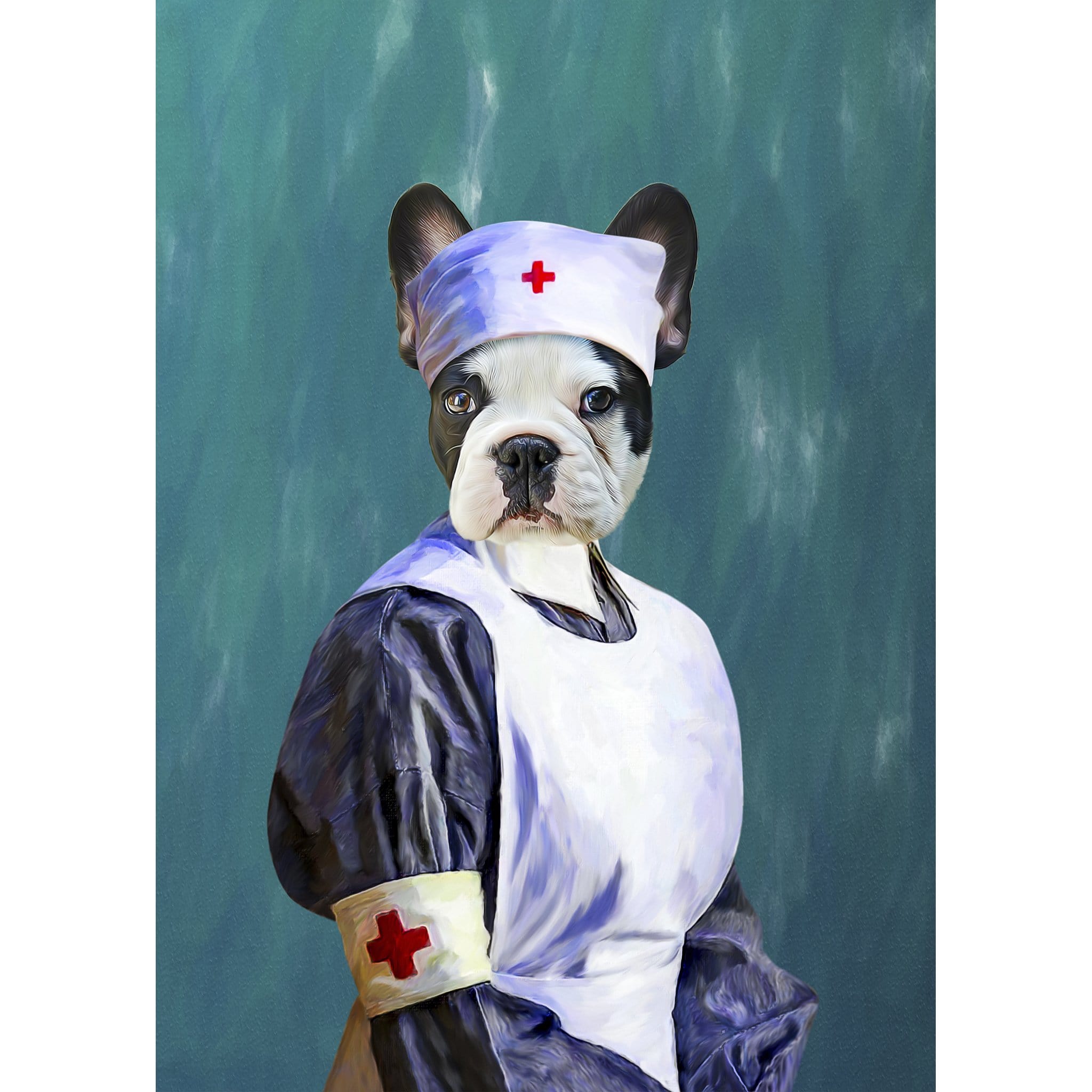 Custom digital portrait of a French Bulldog dressed as a nurse with a white cap and apron.