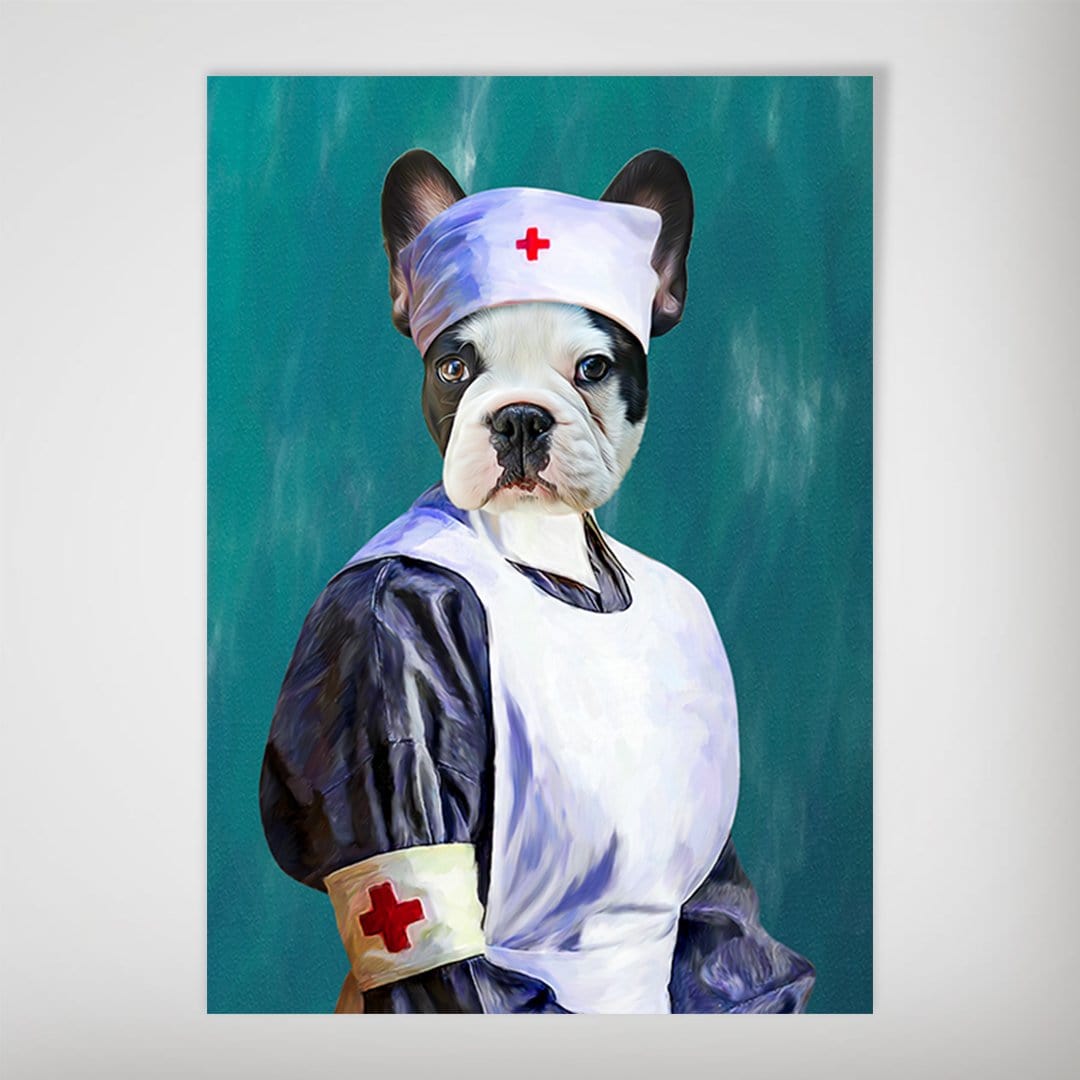 Personalized French Bulldog "The Nurse" poster, featuring a dog in a white nurse uniform with red crosses.