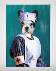 Personalized French Bulldog "The Nurse" poster, featuring a dog in a white nurse uniform with red crosses.