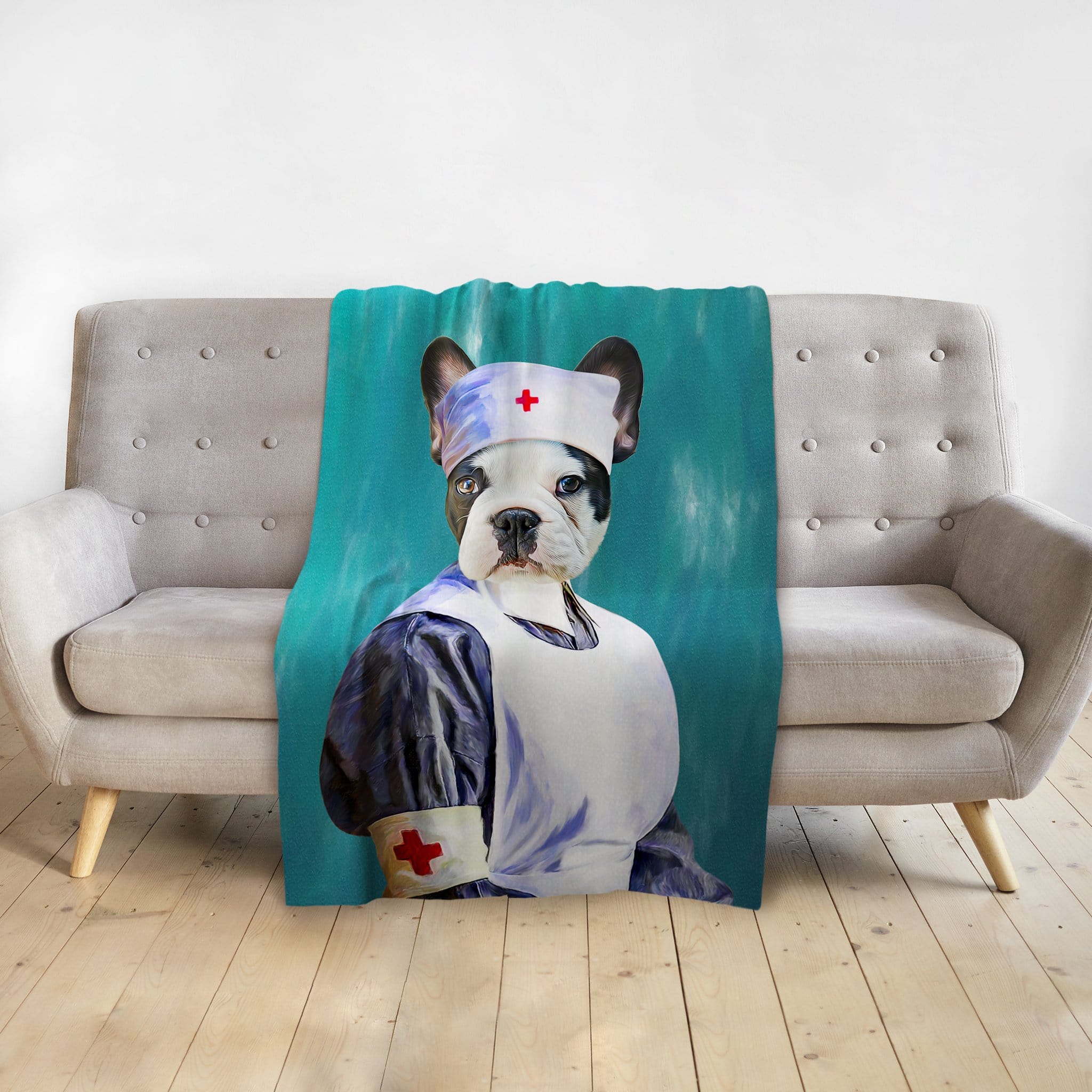 Personalized pet blanket with a French Bulldog portrait dressed as a nurse.