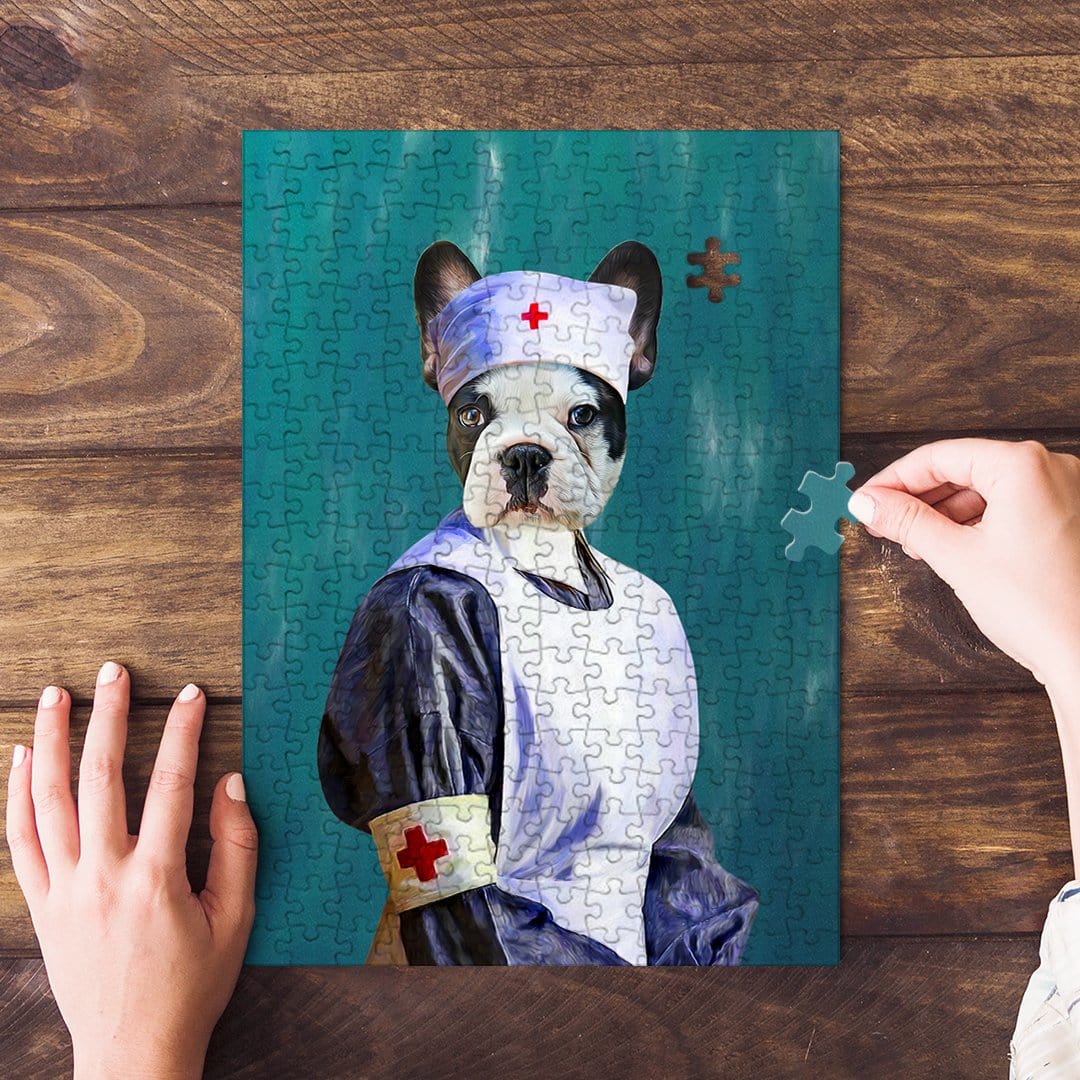 Personalized pet puzzle featuring a French Bulldog in a nurse uniform, with hands assembling pieces.