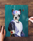 Personalized pet puzzle featuring a French Bulldog in a nurse uniform, with hands assembling pieces.