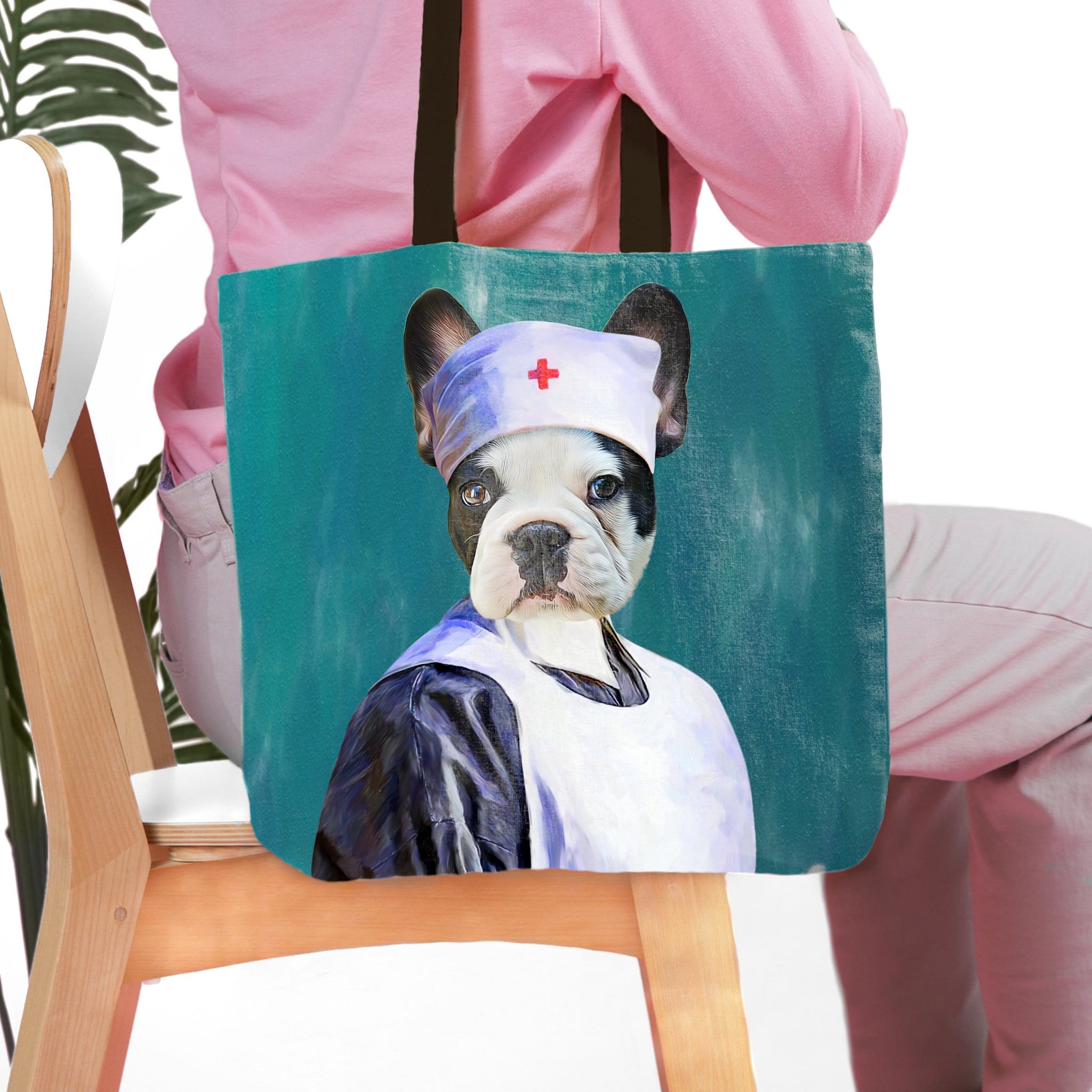 Personalized tote bag with a custom pet portrait of a French Bulldog dressed as a nurse.