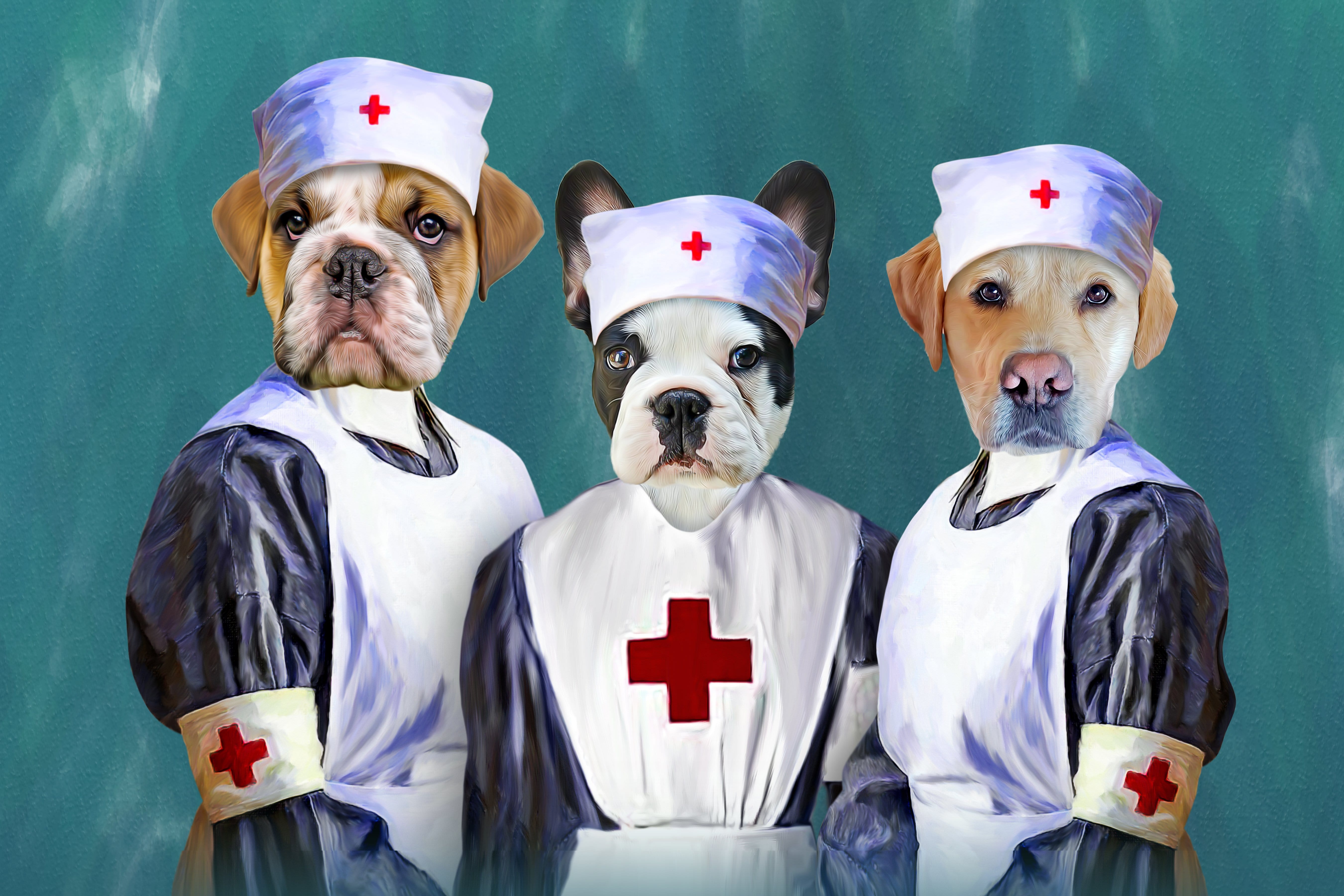 Custom digital portrait of three pets dressed as nurses in vintage uniforms.