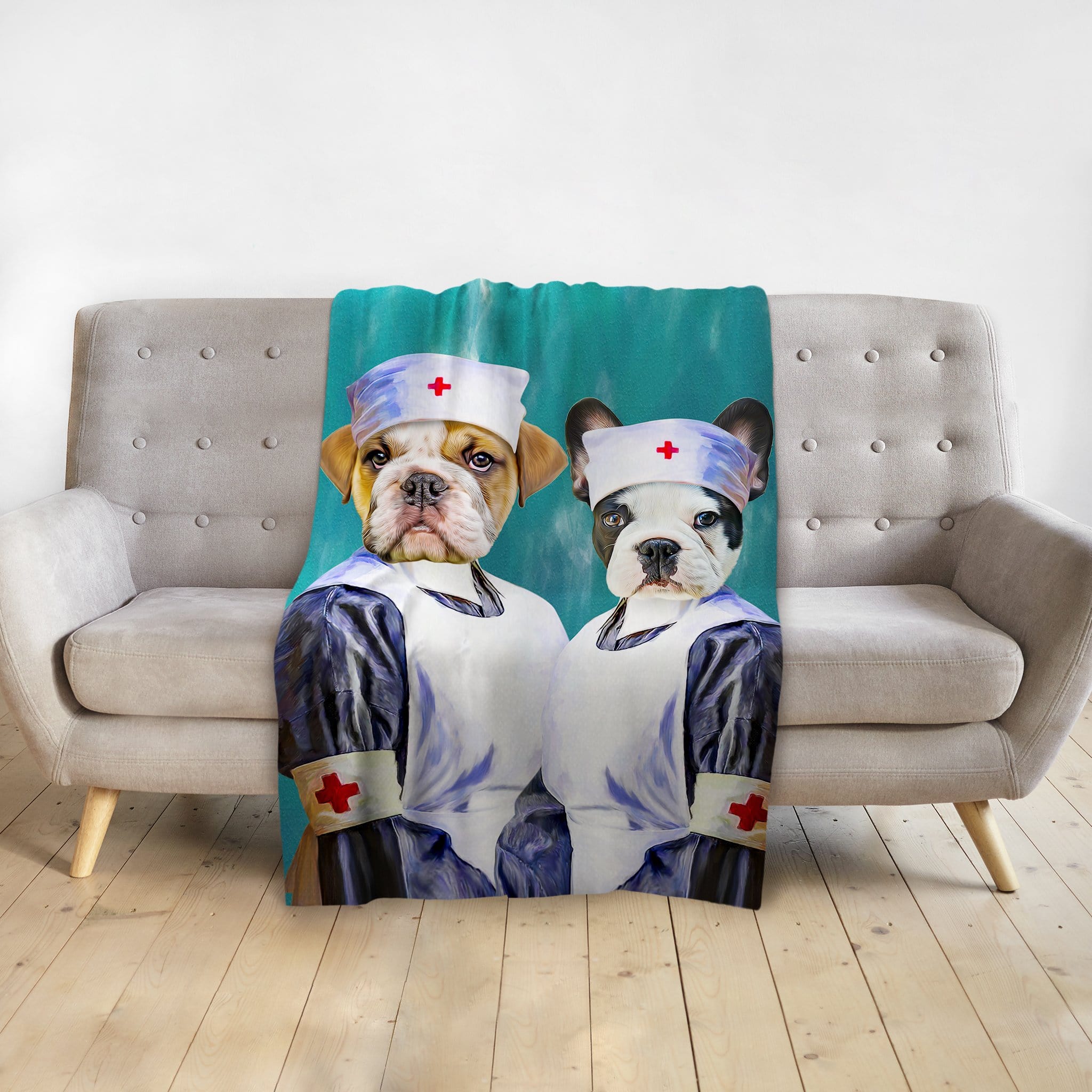 Custom personalized pet portrait blanket with two dogs dressed as nurses.