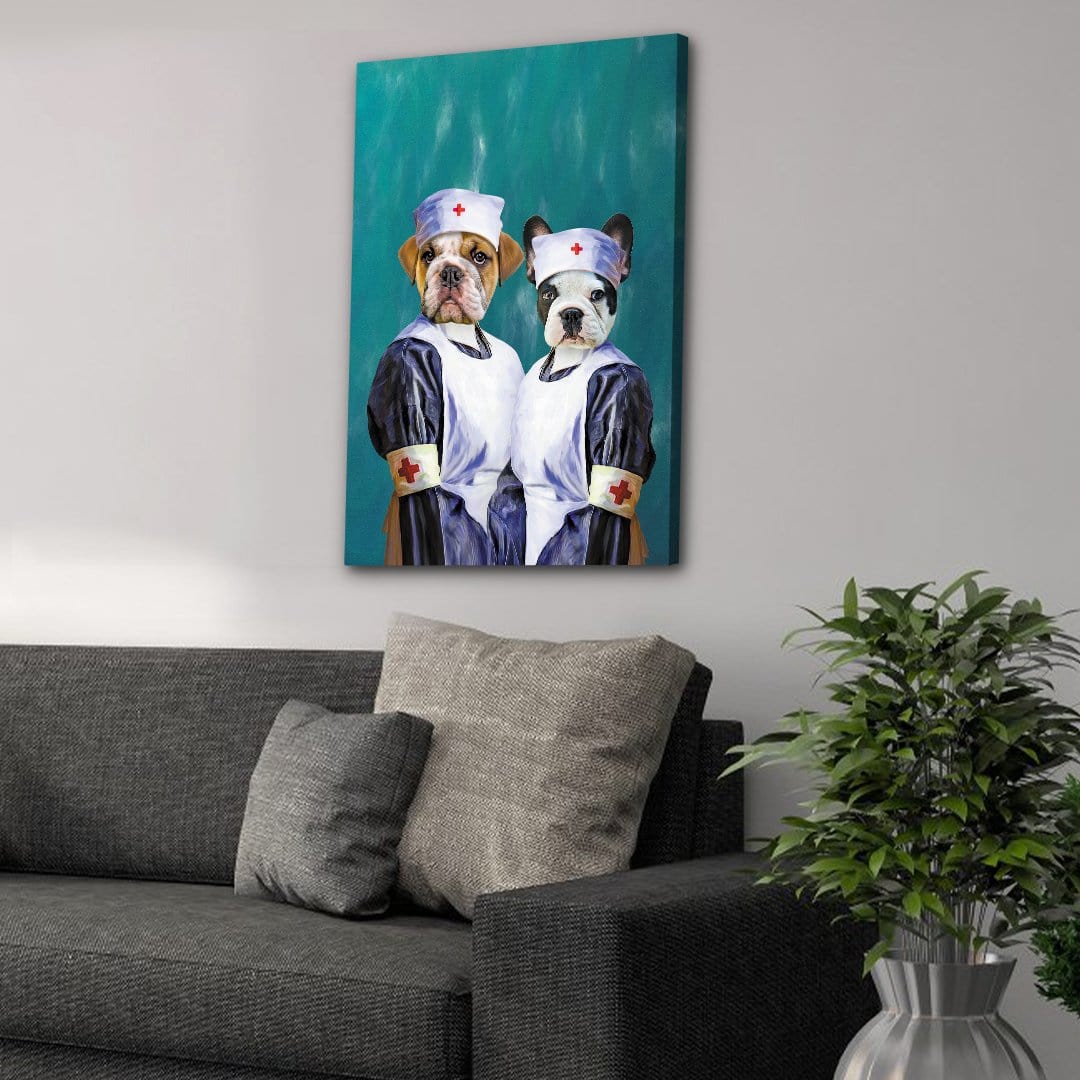 Custom canvas print of two pets dressed as nurses with white uniforms and red cross hats.