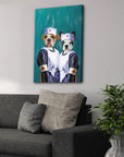 Custom canvas print of two pets dressed as nurses with white uniforms and red cross hats.