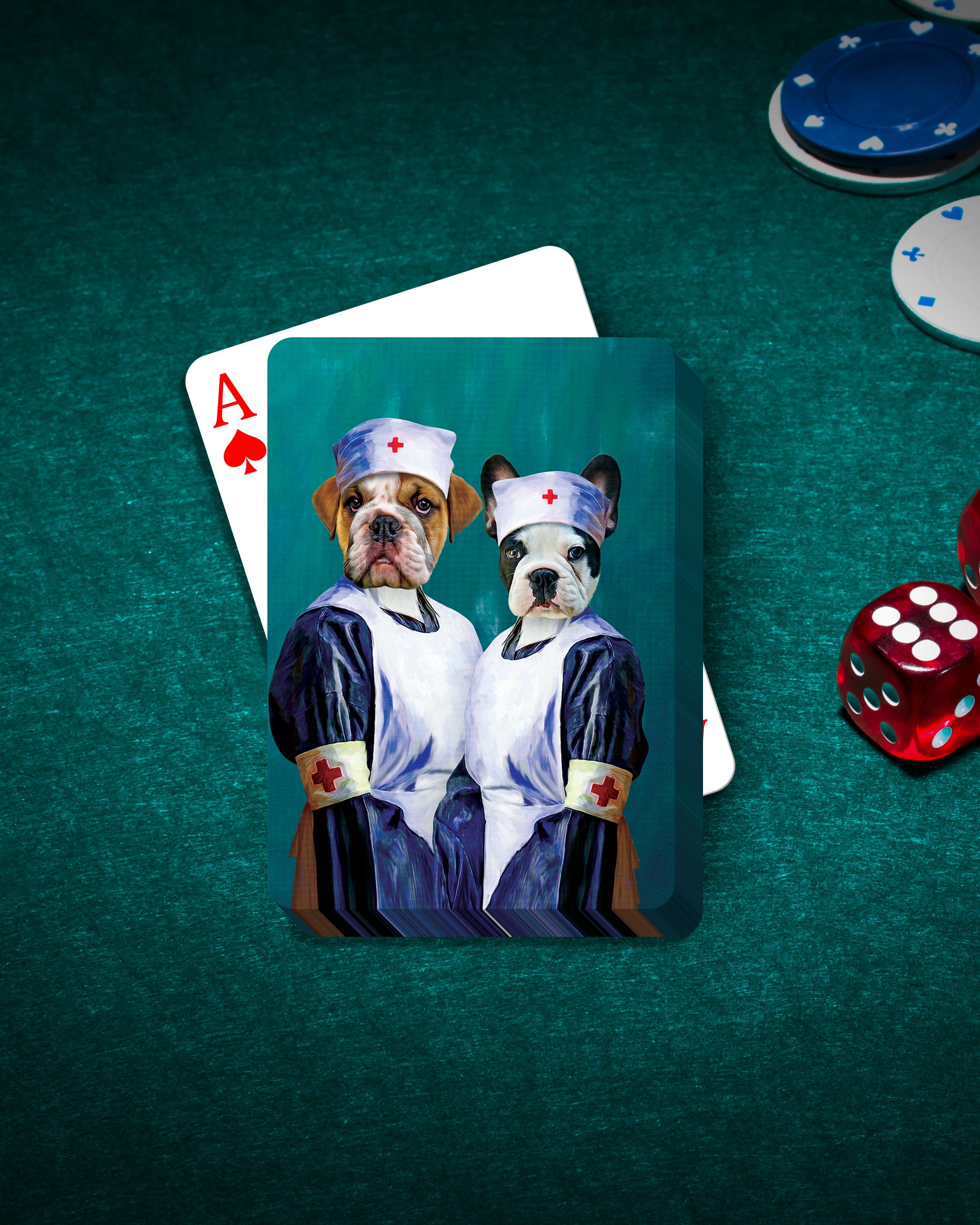 Custom personalized playing cards featuring two pets, a bulldog and a French bulldog, dressed as nurses.