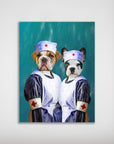 Personalized 'The Nurses' poster featuring two pets dressed as nurses in vintage blue and white uniforms.