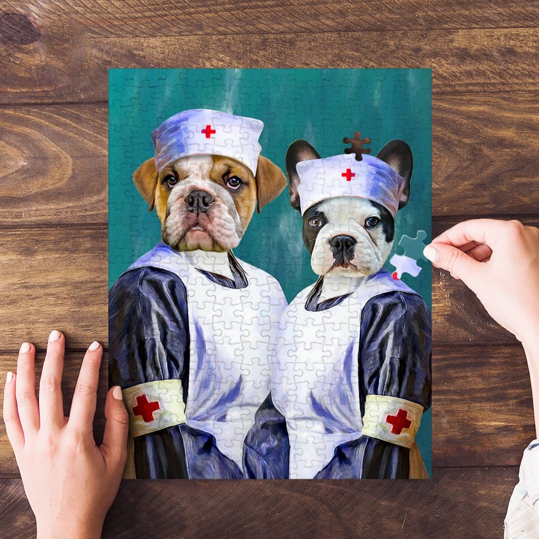 Personalized puzzle featuring two pets, a bulldog and a French bulldog, dressed as nurses.