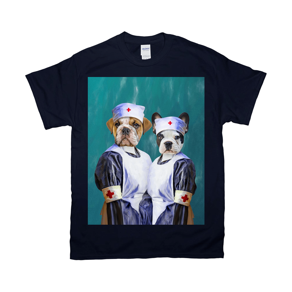Navy Gildan t-shirt featuring a custom print of two dogs dressed as nurses with hats and scrubs.