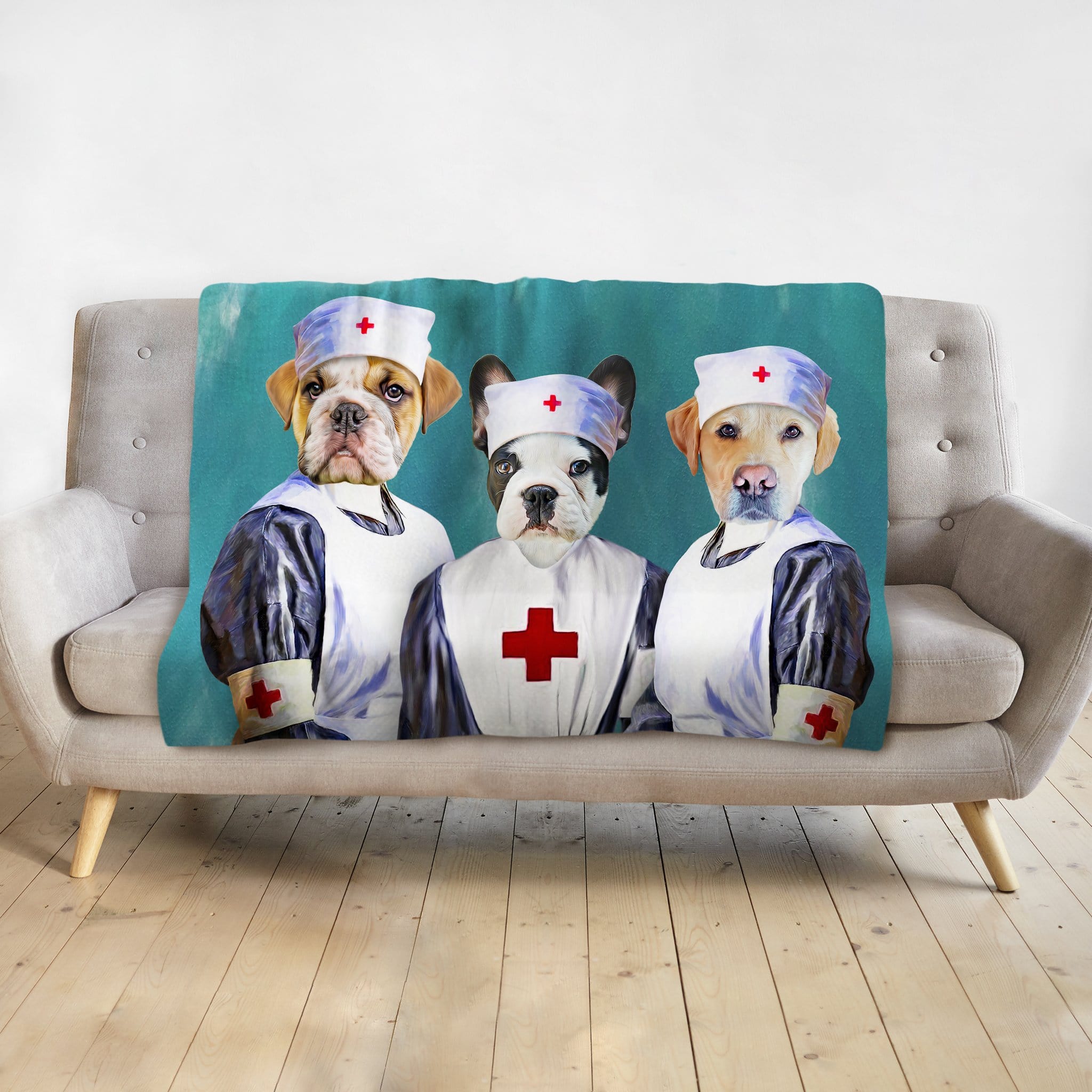 Personalized custom blanket with three pets dressed as nurses in renaissance portrait style.