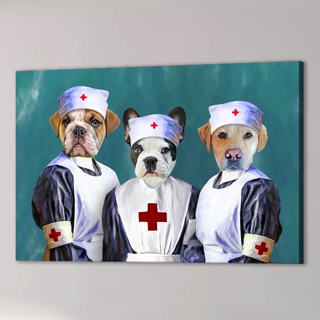 Custom canvas with three pets dressed as nurses in white and navy uniforms against a teal background.