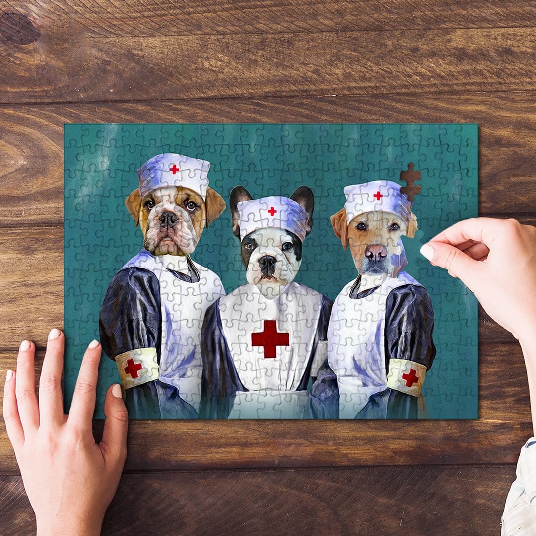 Personalized 3-pet puzzle featuring dogs dressed as nurses, with hands assembling it.