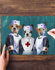 Personalized 3-pet puzzle featuring dogs dressed as nurses, with hands assembling it.