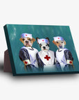 Personalized 3 pet standing canvas featuring dogs dressed as nurses on a teal background.