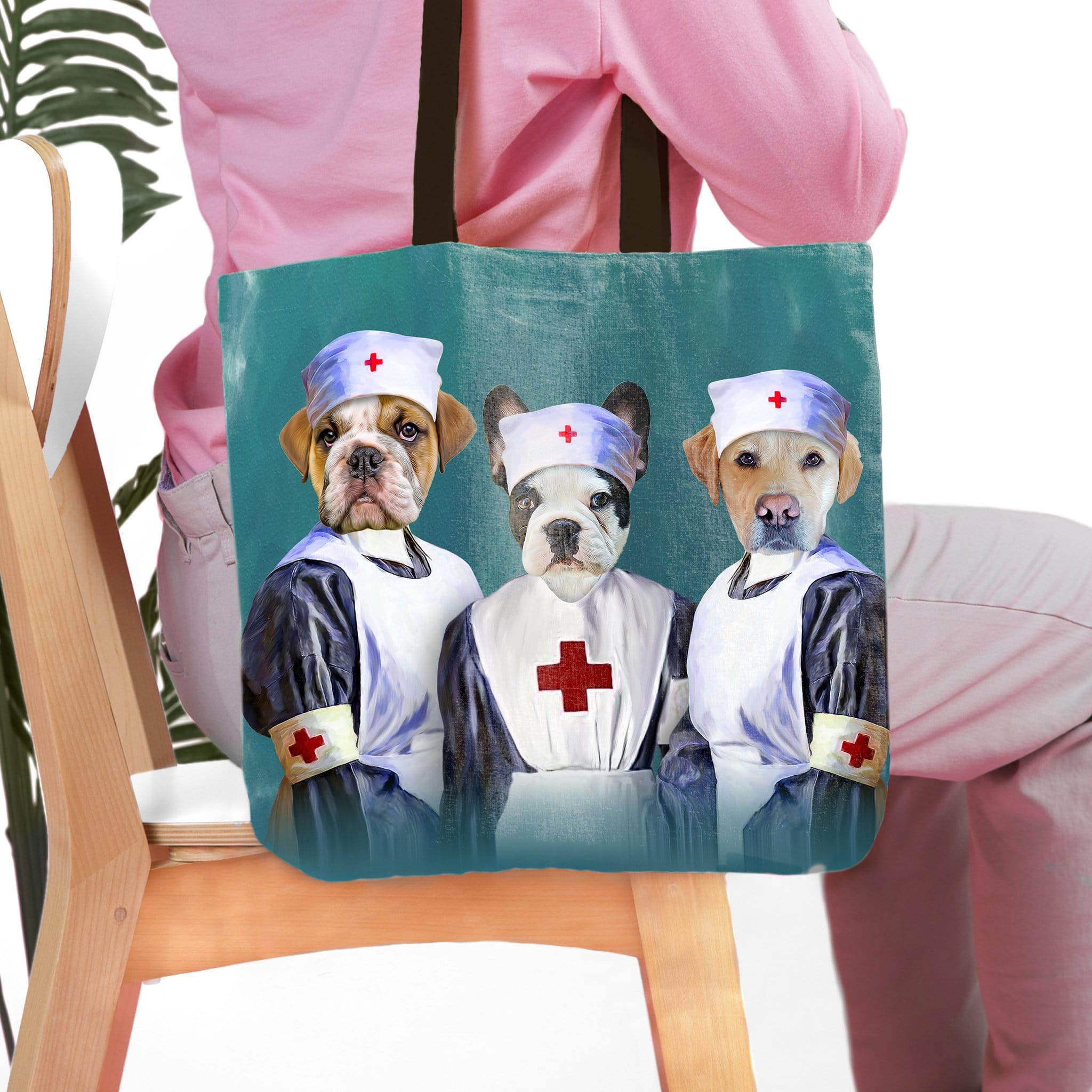 Custom 3-pet nurse portrait tote bag with a bulldog, French bulldog, and Labrador on a teal background.