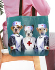 Custom 3-pet nurse portrait tote bag with a bulldog, French bulldog, and Labrador on a teal background.