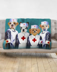 Custom personalized blanket with four pets in nurse uniforms.
