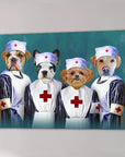 Four personalized pet portraits on canvas, depicting dogs dressed as nurses in white and navy uniforms.