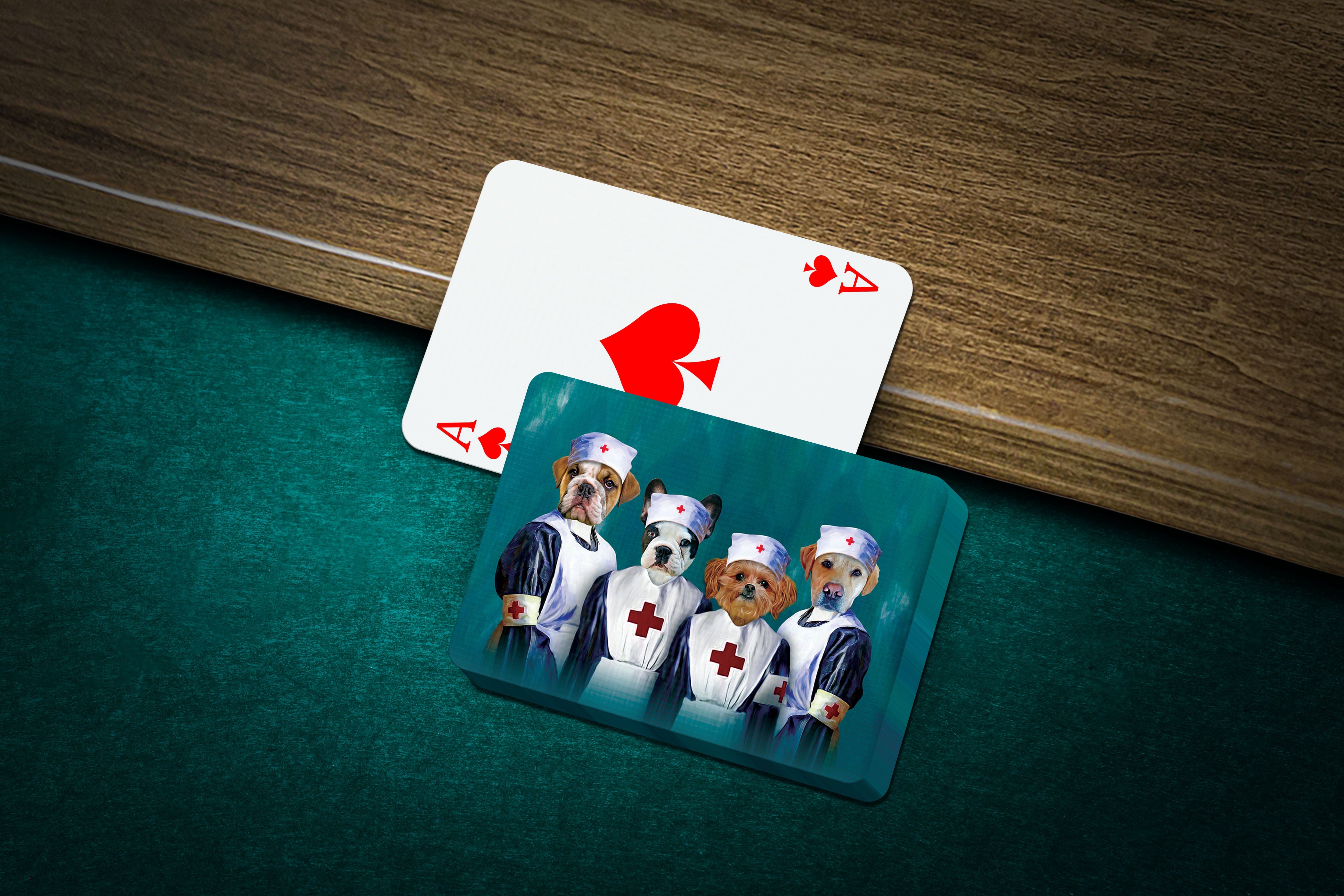 Custom personalized playing cards featuring four pets dressed as nurses.