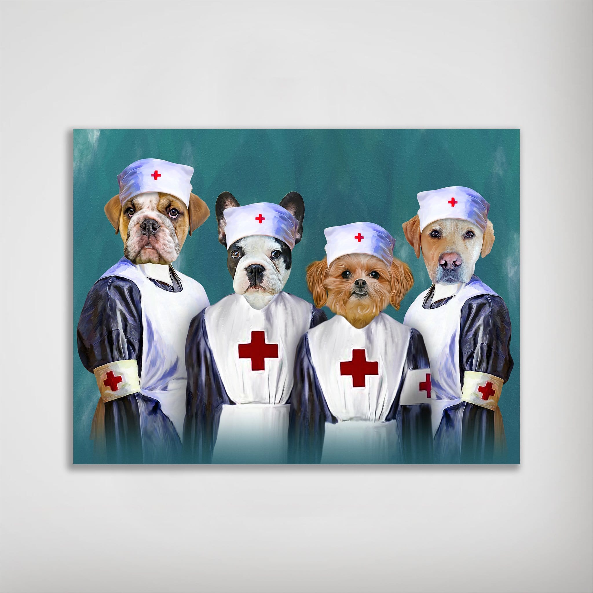 Personalized matte poster featuring four pets dressed as nurses in white and navy uniforms with red crosses.
