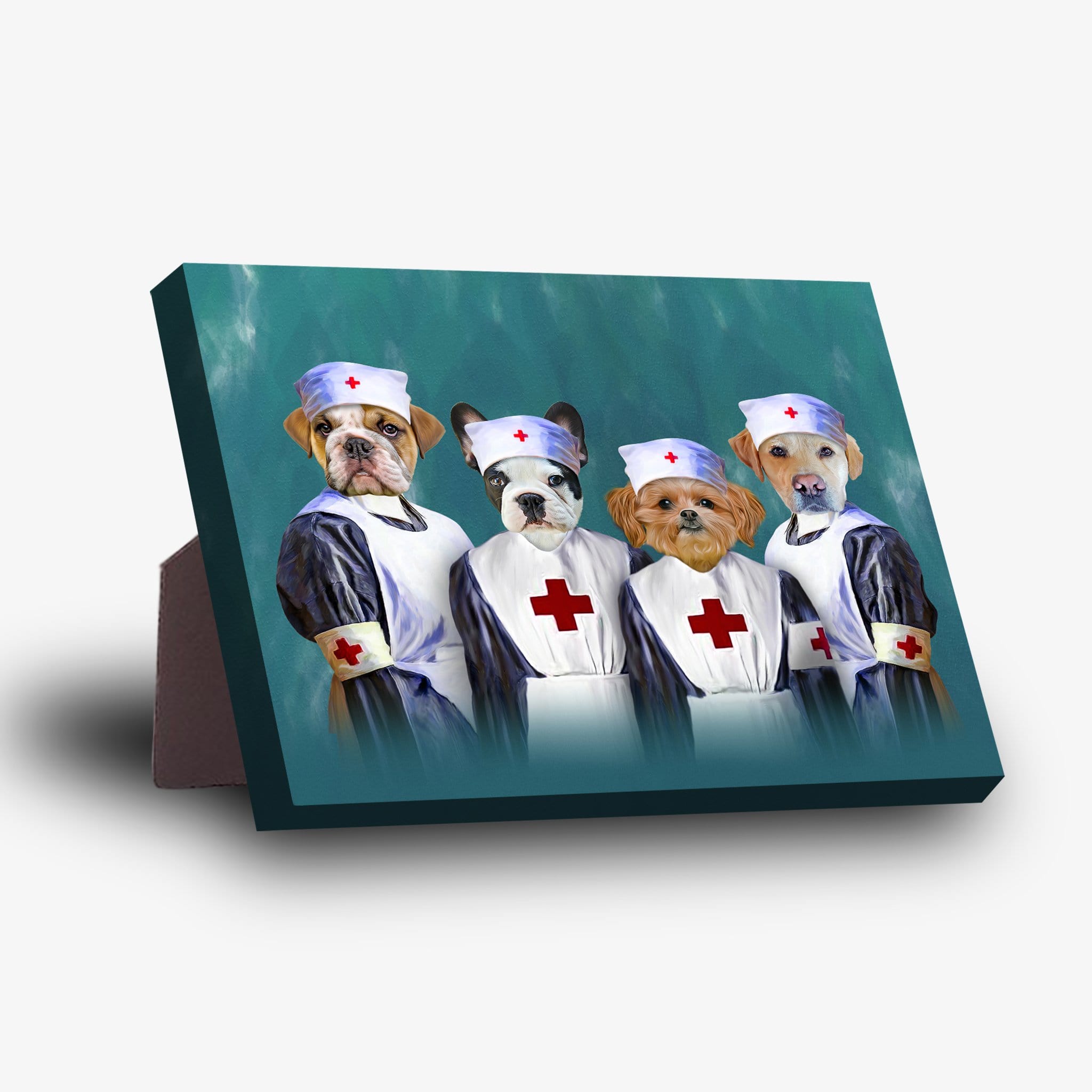 Personalized 4-pet standing canvas featuring dogs dressed as nurses with white hats and uniforms.