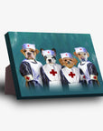 Personalized 4-pet standing canvas featuring dogs dressed as nurses with white hats and uniforms.