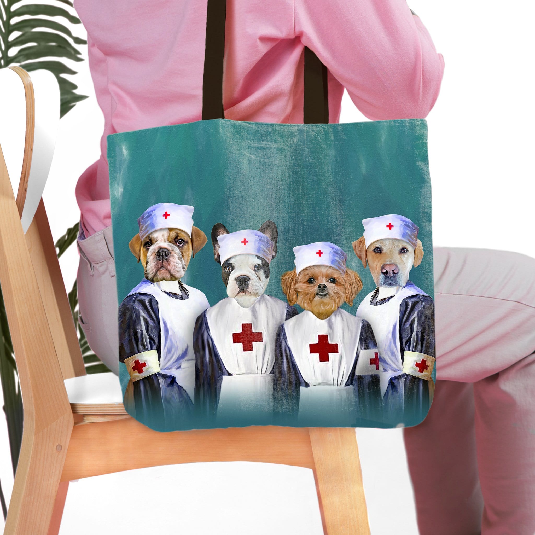 Personalized teal tote bag with four custom pet portraits dressed as nurses.