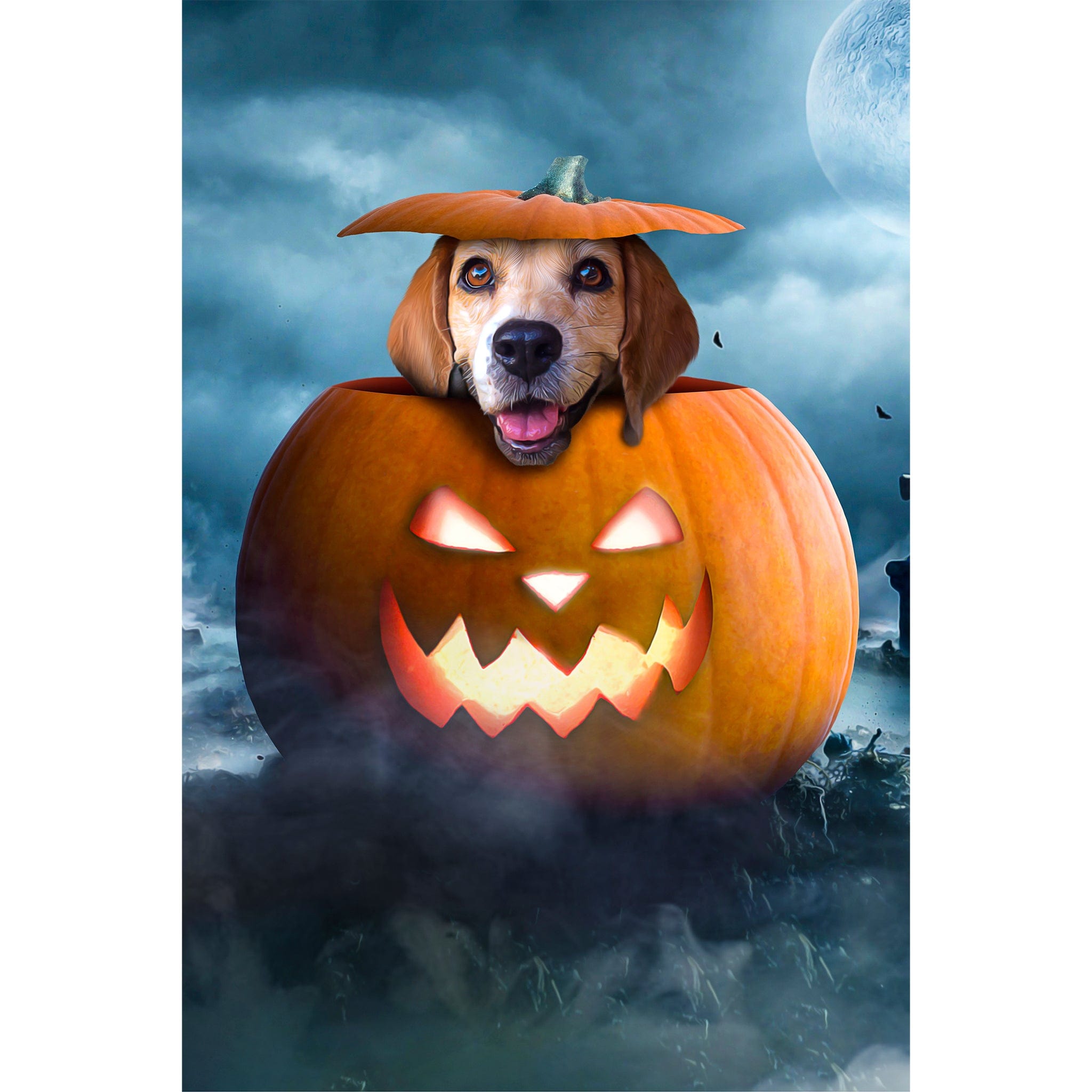 Personalized digital portrait of a dog in a carved Halloween pumpkin under a full moon.