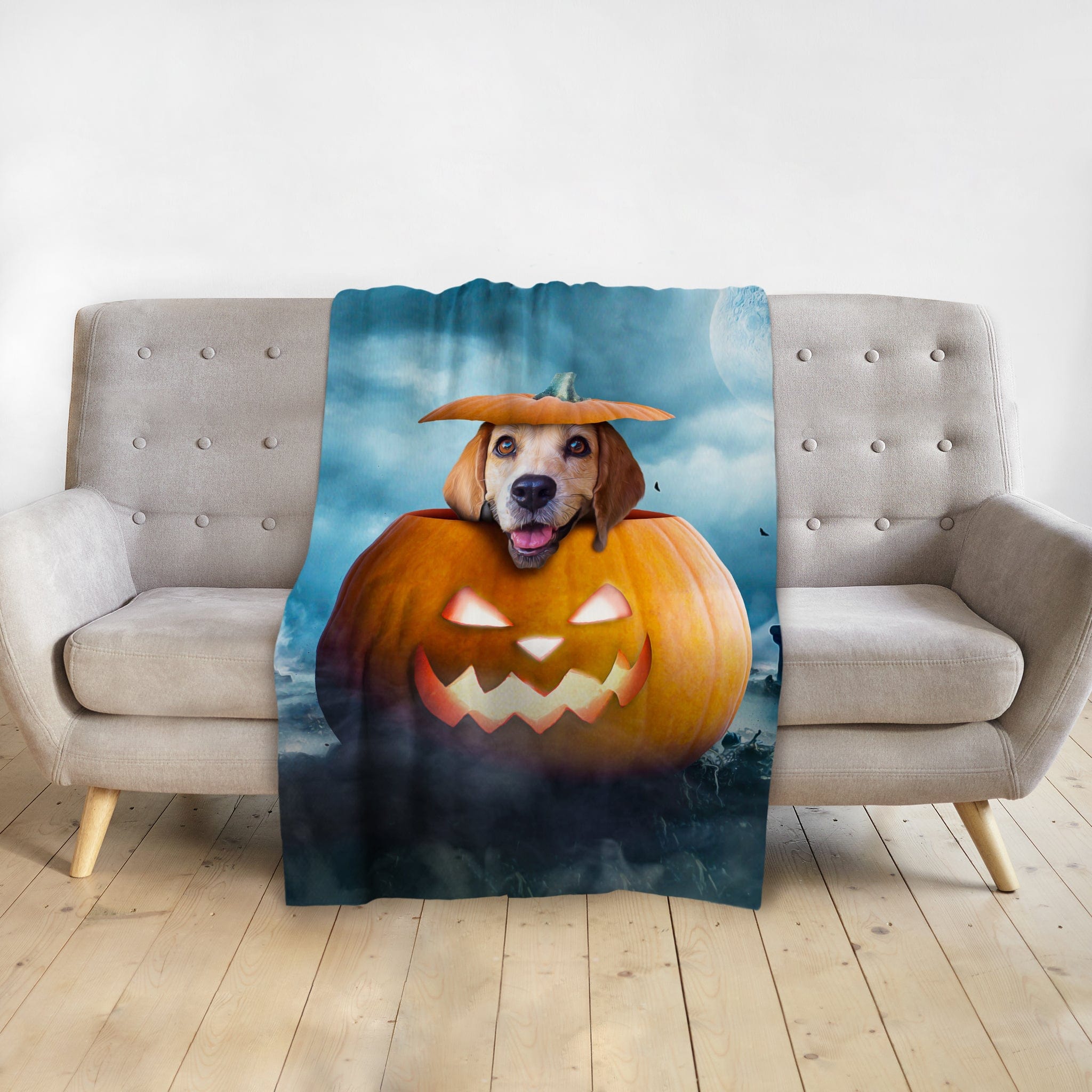 Personalized pet blanket with a dog in a pumpkin, Halloween theme.
