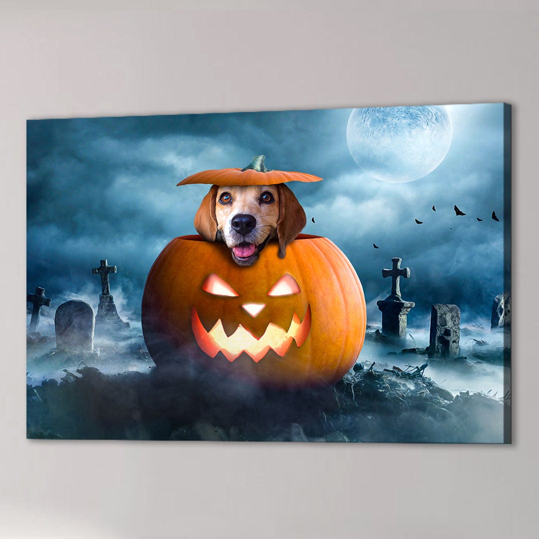 Personalized 'Pawmpkin' pet canvas featuring a beagle in a carved pumpkin in a spooky graveyard.