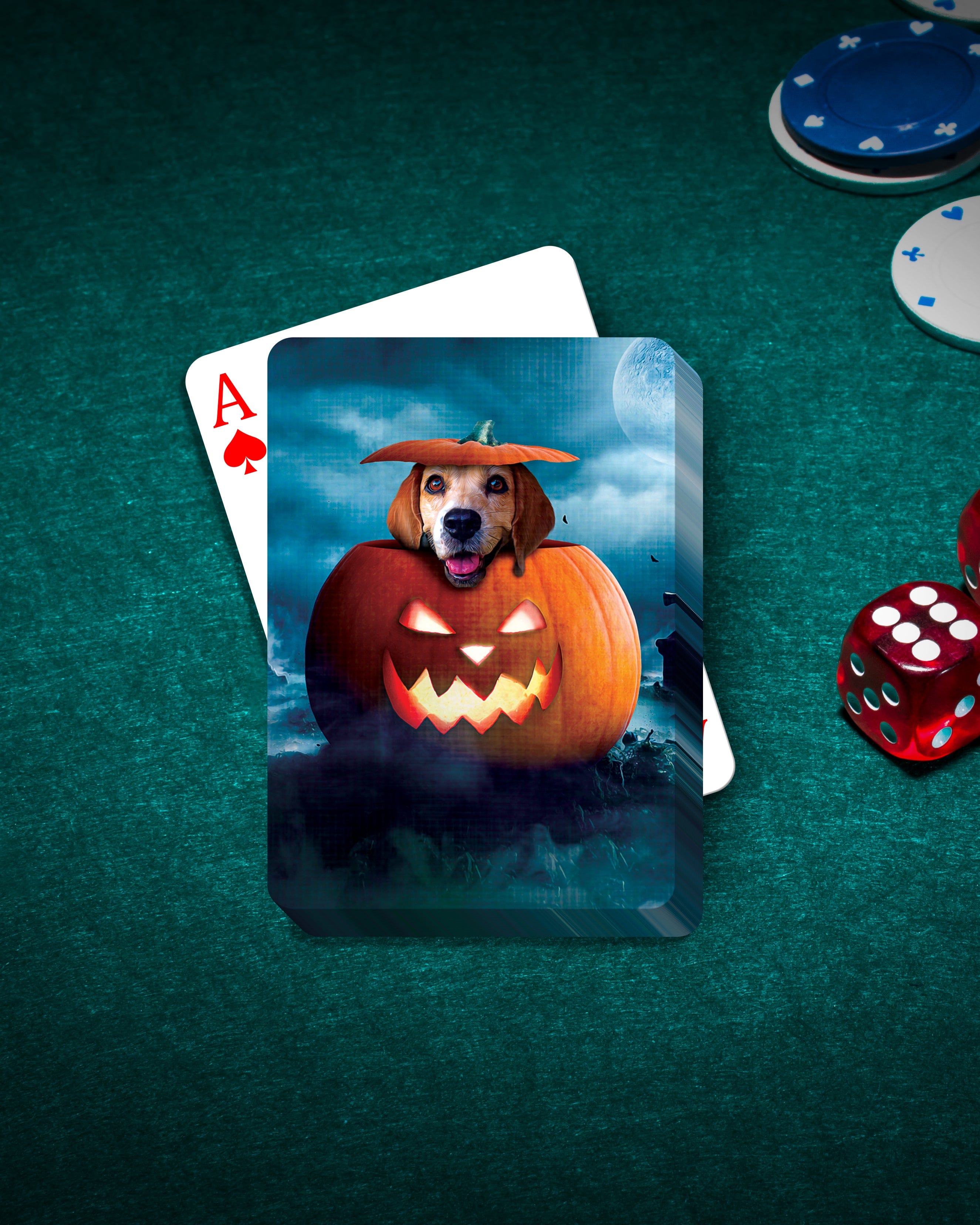 Personalized pet playing cards featuring a dog in a Halloween pumpkin costume.