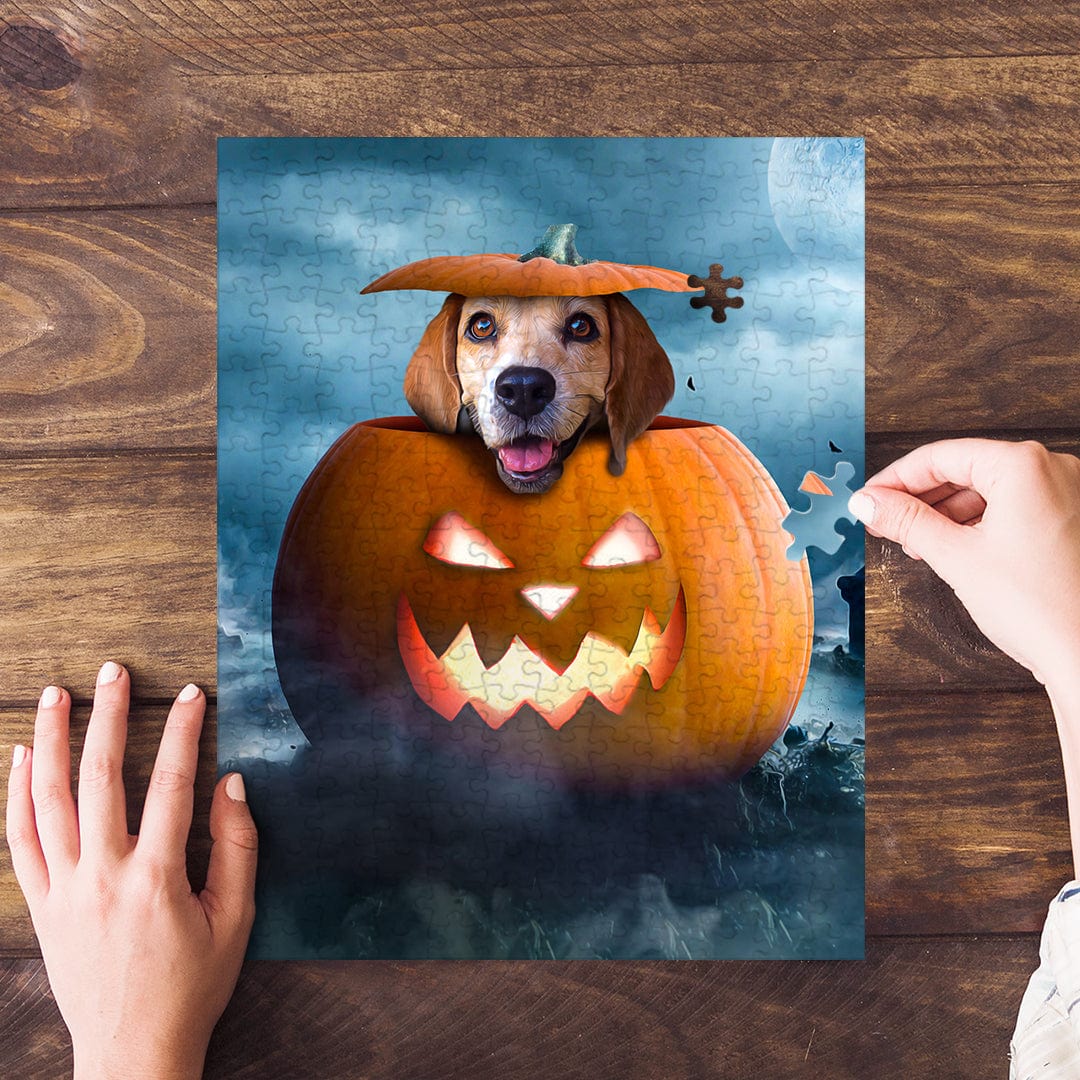 Personalized pet puzzle featuring a dog in a pumpkin, with hands assembling pieces.